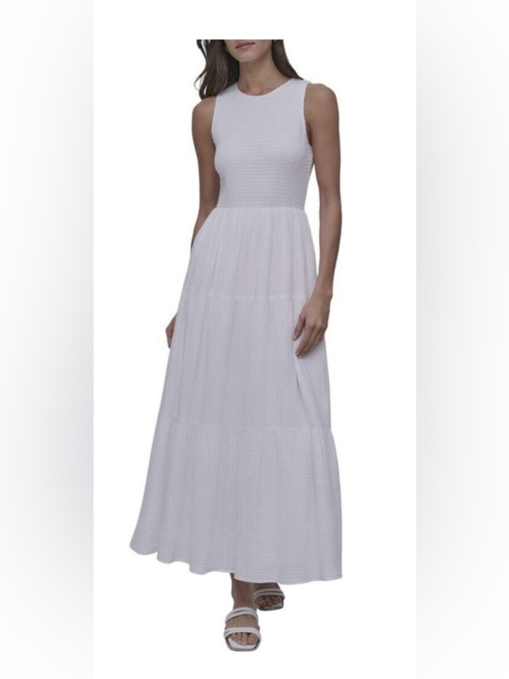 DKNY White Sleeveless Smocked and tiered Maxi Dress